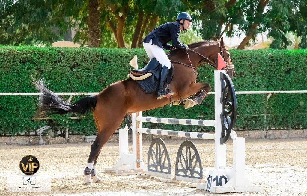 Show jumping rider clearing a fence