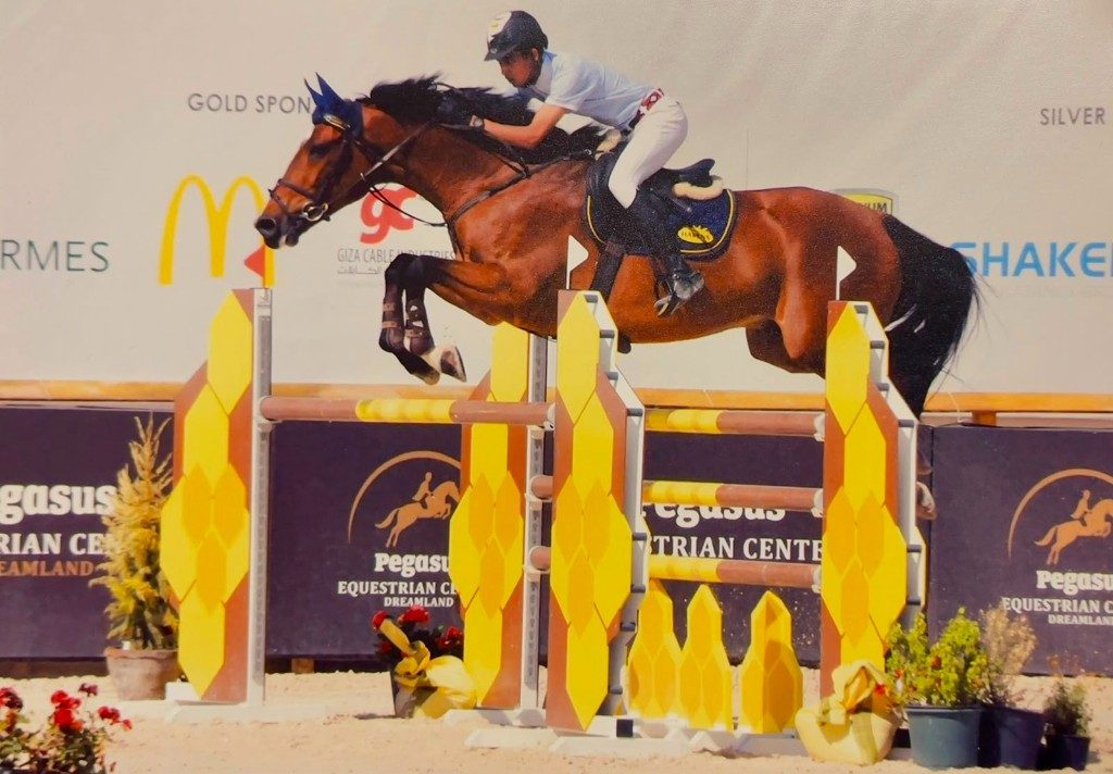 Rider and horse mid-jump at competition